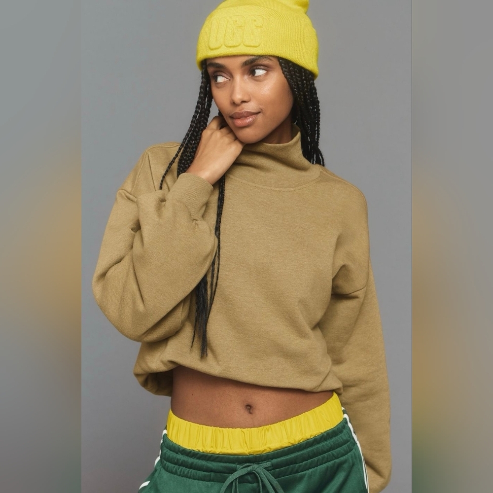 Anthropologie Pilcro Sweatshirt Womens XXS Green Funnel Neck Bubble Hem Cropped